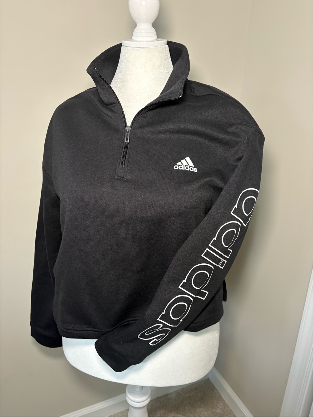 Adidas Black Half-Zip Pullover with White Logo Sleeve Text